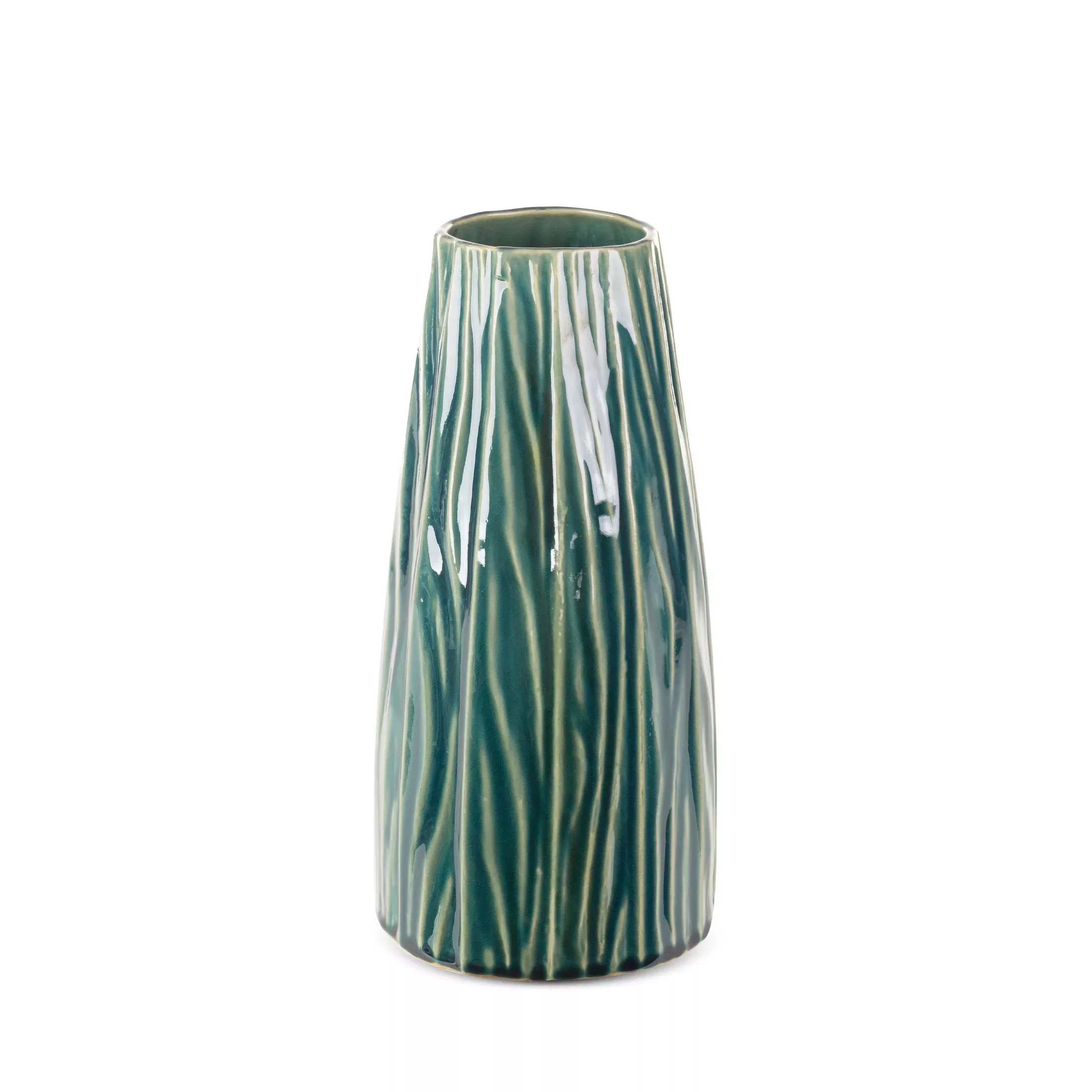 Wazon ceramiczny zielono-beżowyw stylu boho w prążki średnica 14x29 cm