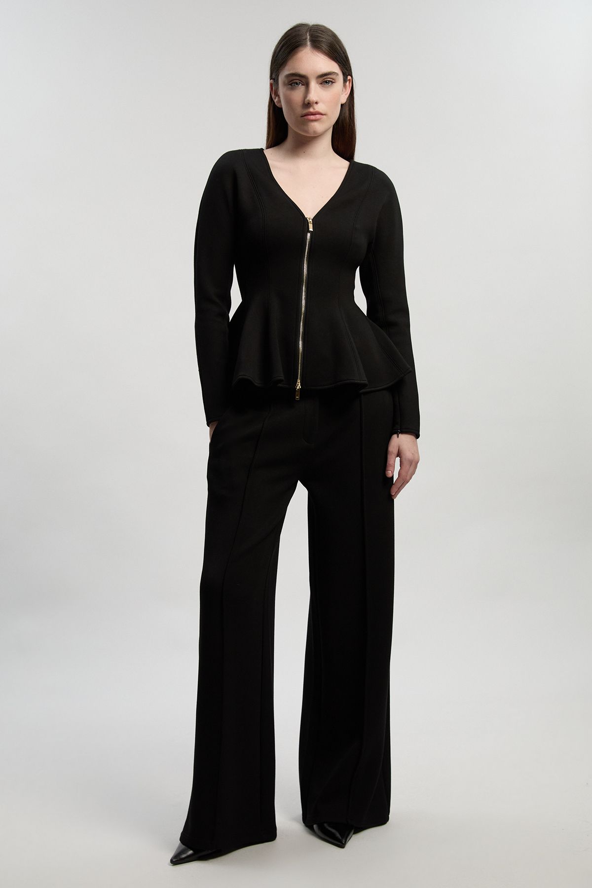 KarenMillen Ponte Peplum Sleeve V Neck Top