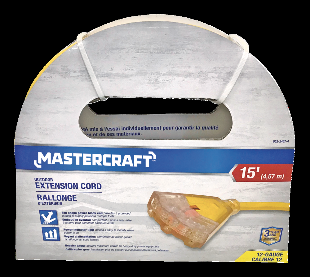 Mastercraft 15-ft 12/3 Outdoor Extension Cord with 3 Grounded Outlets and Lighted End, Yellow