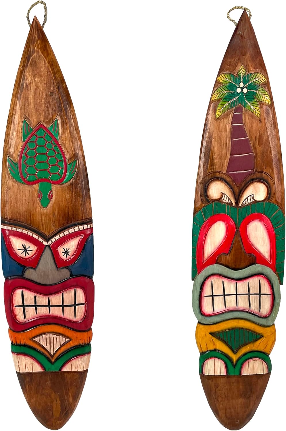 Set of 2 Wooden Tiki Surfboard Wall Decor, 39 Hand-Carved Surfboards with Sea Turtle and Palm Tree Designs, Hand-Painted Tropical Wall Art, Coastal Beach House Accent, Rustic Bar or Patio Hanging