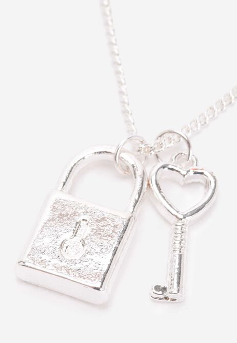 Womens Silver Padlock & Key Charm Necklace