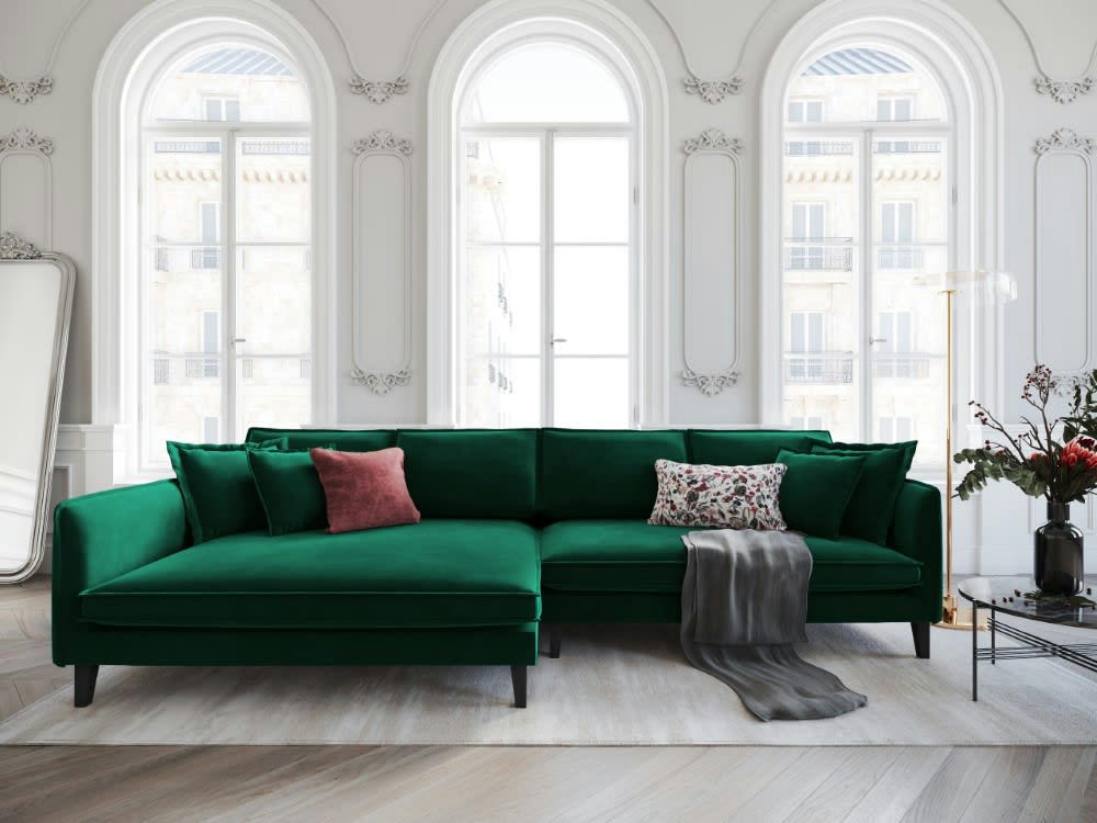 PROVENCE - Canapé d'angle 4 places en velours vert bouteille