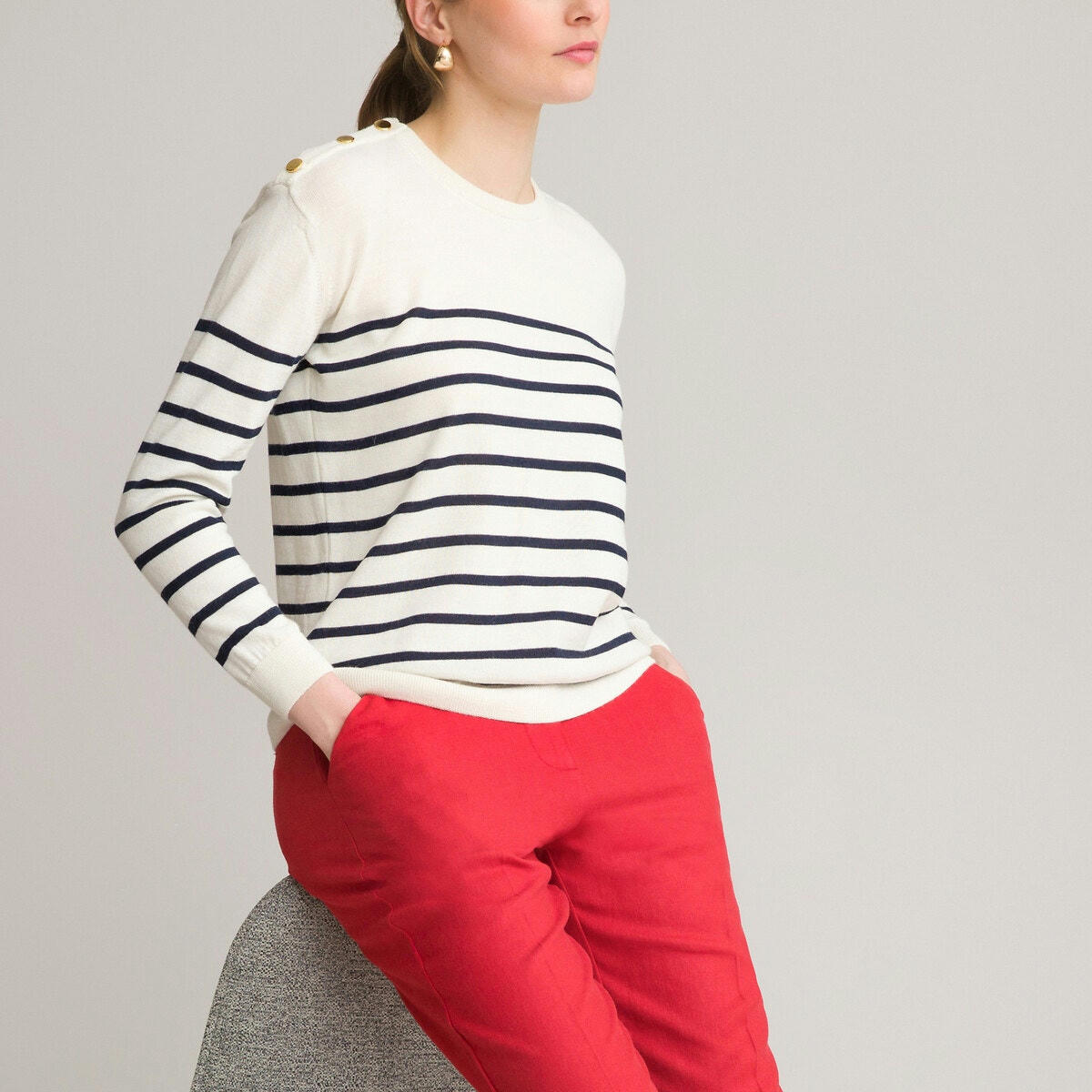 Pull rayé col rond, en fine maille, laine mélangée