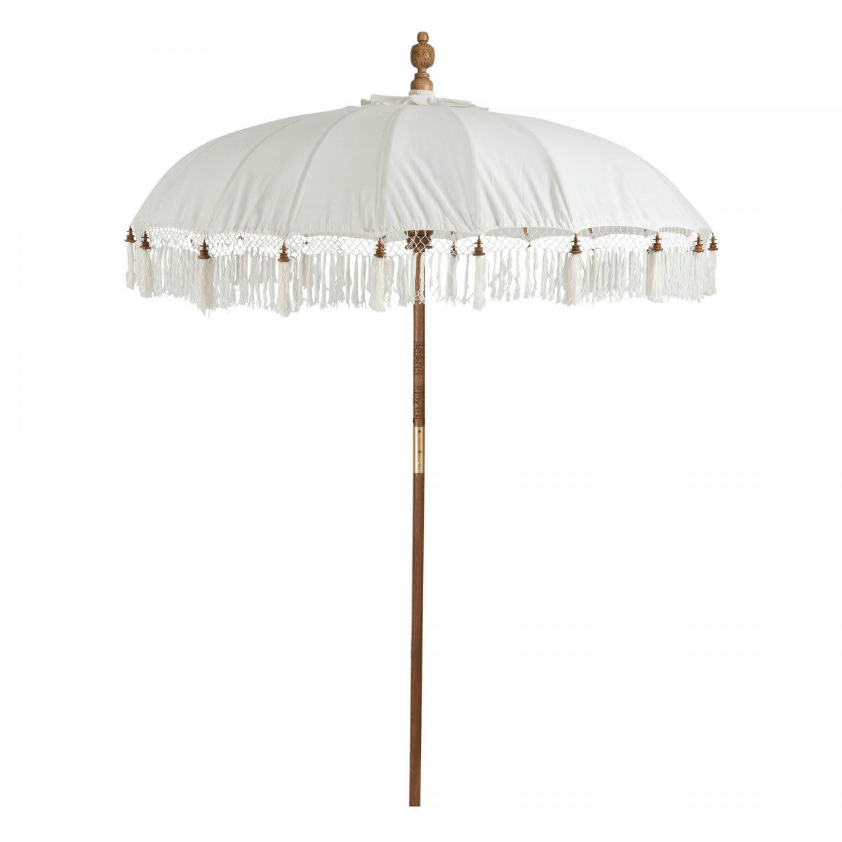 PILOU - Parasol en bois et tissu blanc à pompons