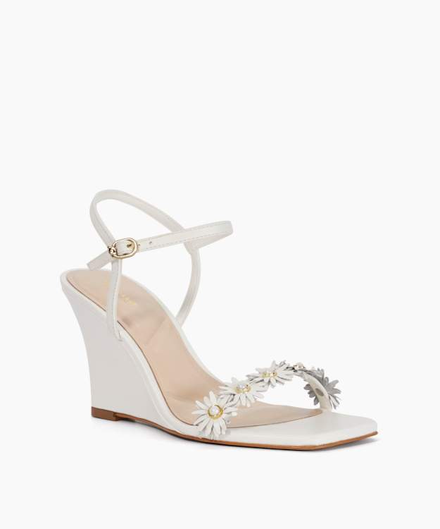 Milennial White - Floral Embellished Wedge Sandals