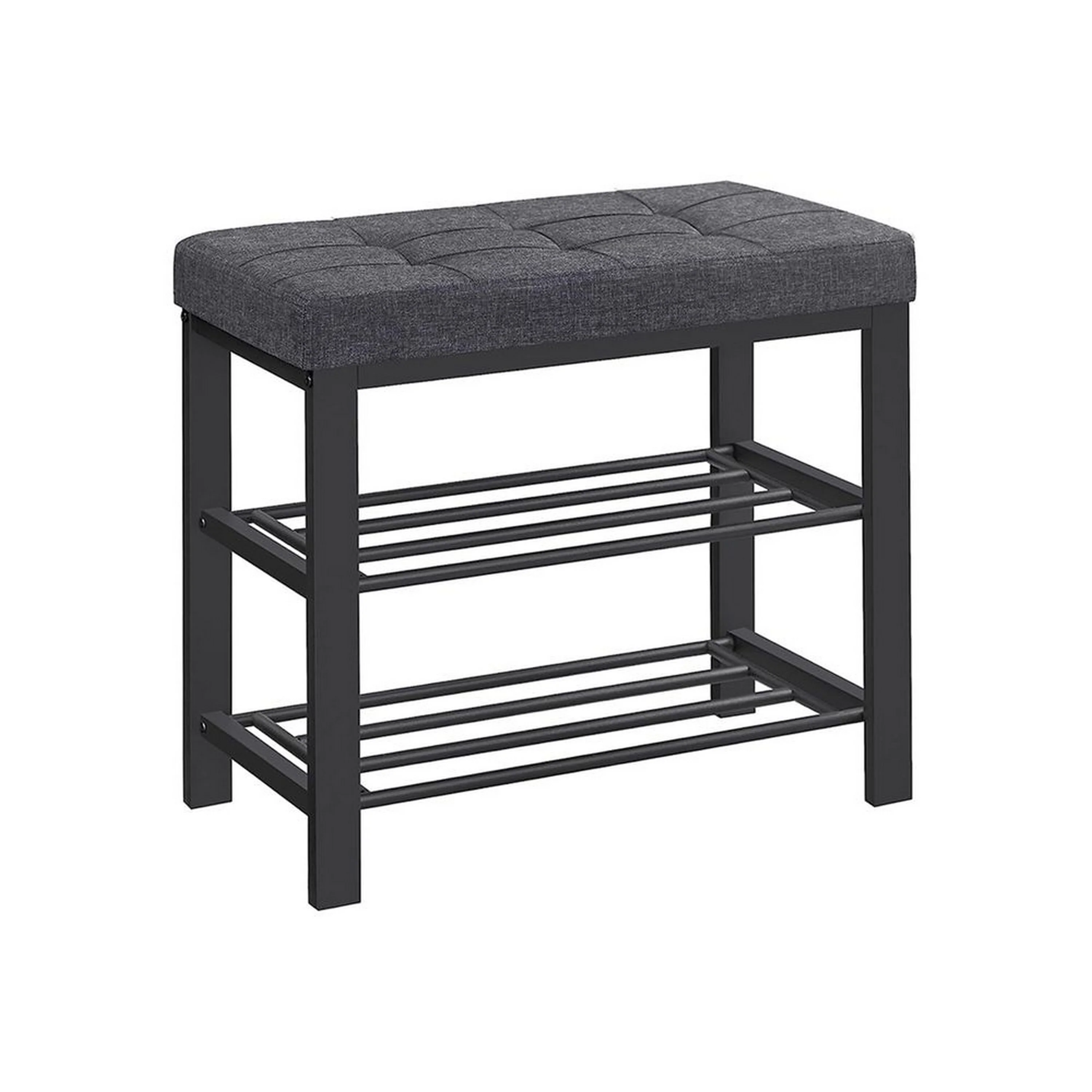 Lee 24 Inch Shoe Rack, Cushioned Tufted Seat, 2 Shelves, Dark Gray, Black