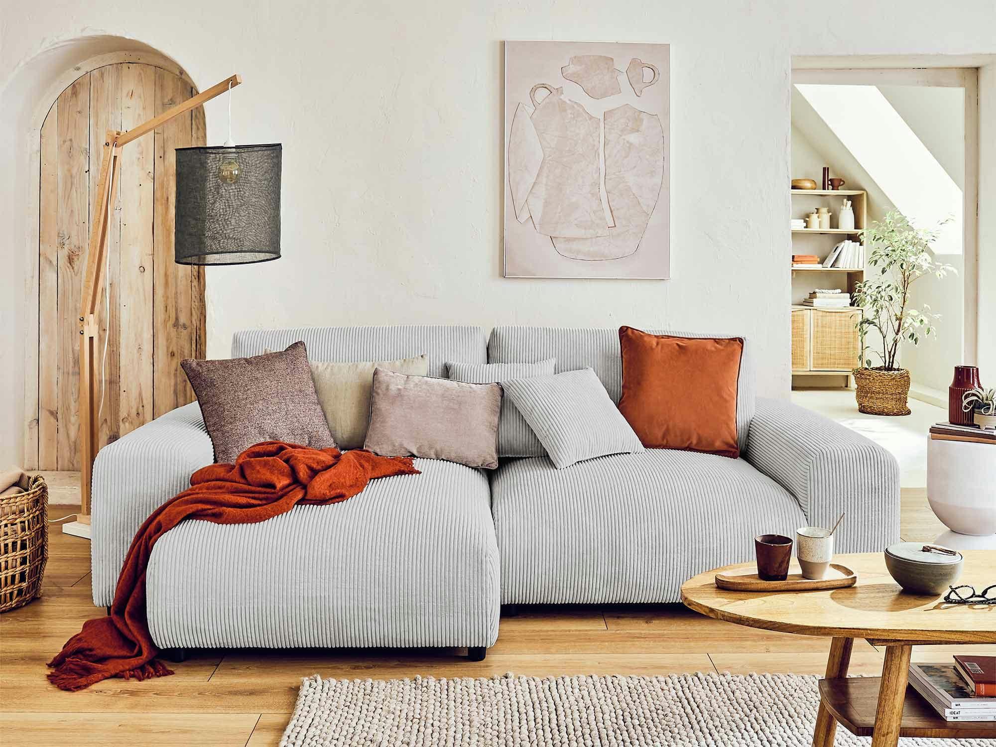 GARANCE - Canapé d'angle réversible 4 places en velours côtelé gris clair