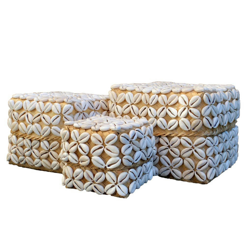 FLEUR - Boîte en bambou et coquillages, beige 12 x 10 cm