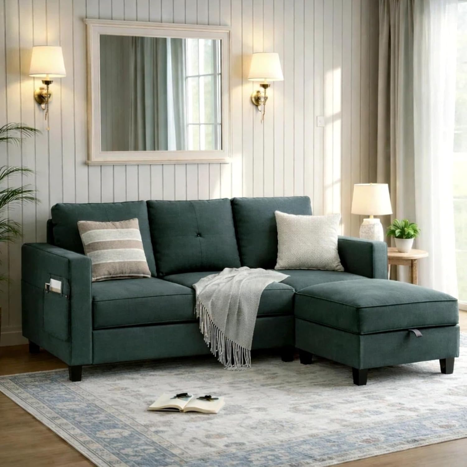 JAMFLY Convertible L-Shaped Sectional Sofa with Reversible Storage Ottoman, 3-Seat Modern Fabric Couch for Living Room, Small Space Apartment Sofa with Side Pockets & Firm Cushions, Grey Linen
