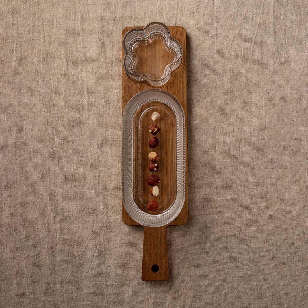 Zestaw do serwowania GIBARA na akacjowej podstawce ze szklanymi miseczkami, 33x8,5x6,5cm 3 el.