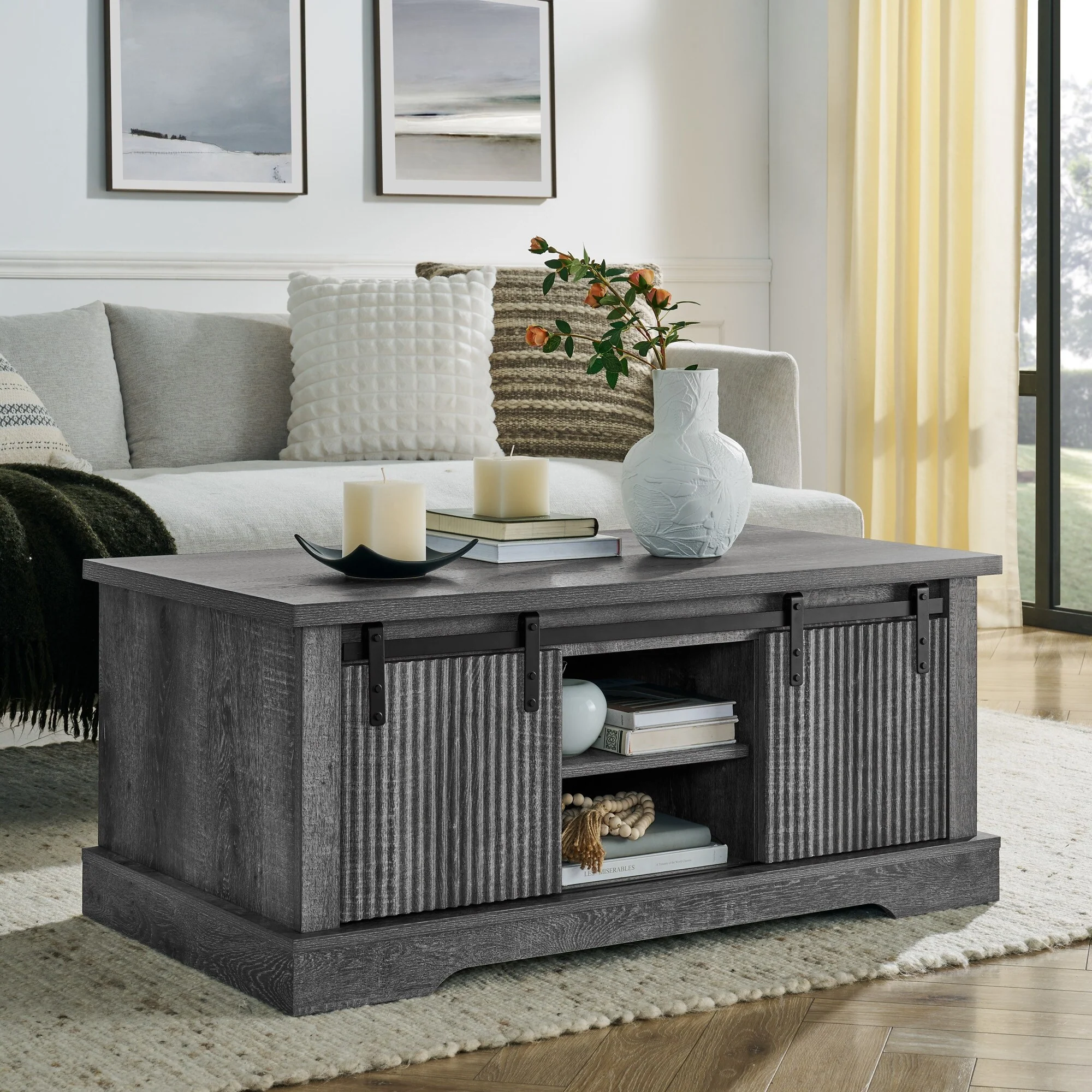 Coffee Table With Storage And Sliding Wood Door