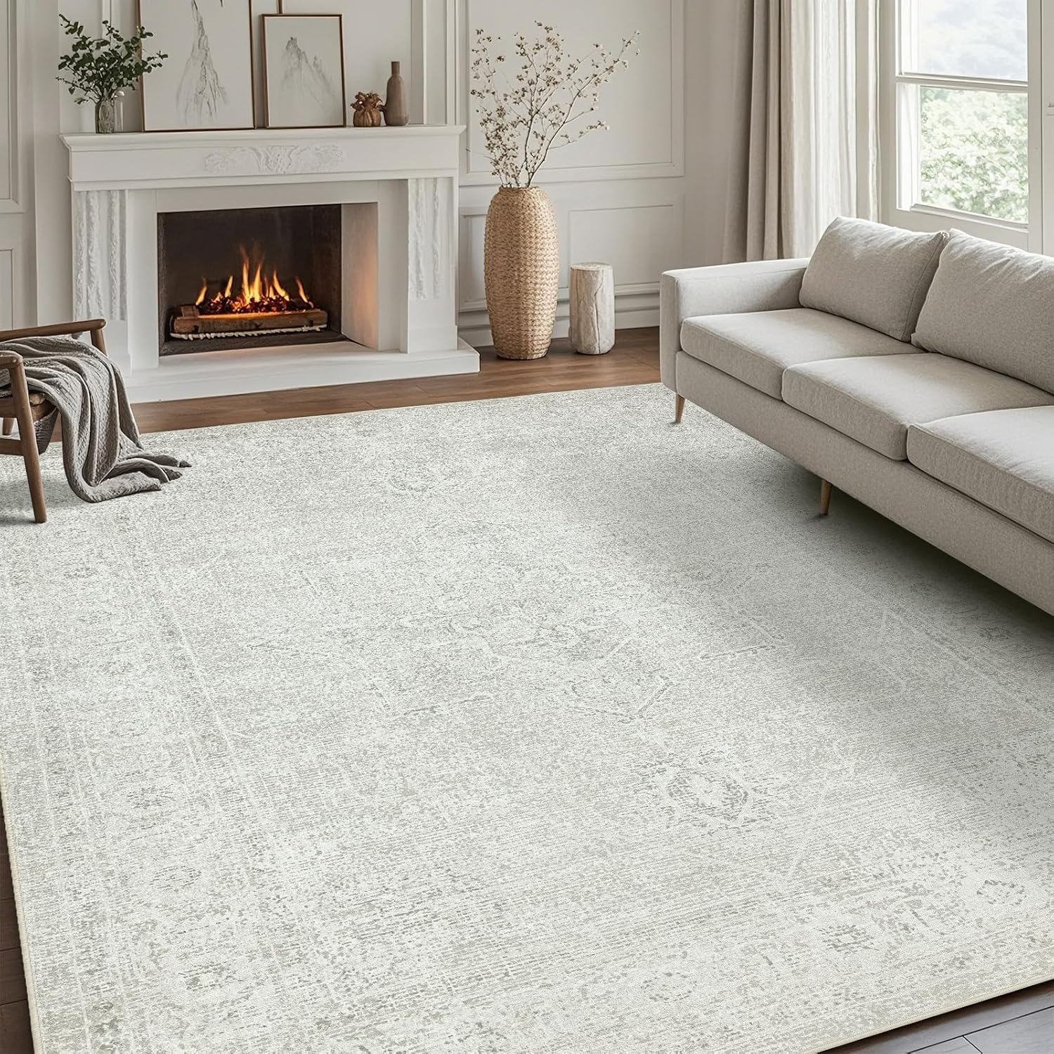 Srugn Washable Rugs 5x7 Area Rugs for Living Room,Bedroom,Large Carpets,Ultra Soft Faux Wool Retro Dining Room Rug,Non Slip&Non-Shedding Low Pile Vintage Rugs for Home Office,Concrete Grey