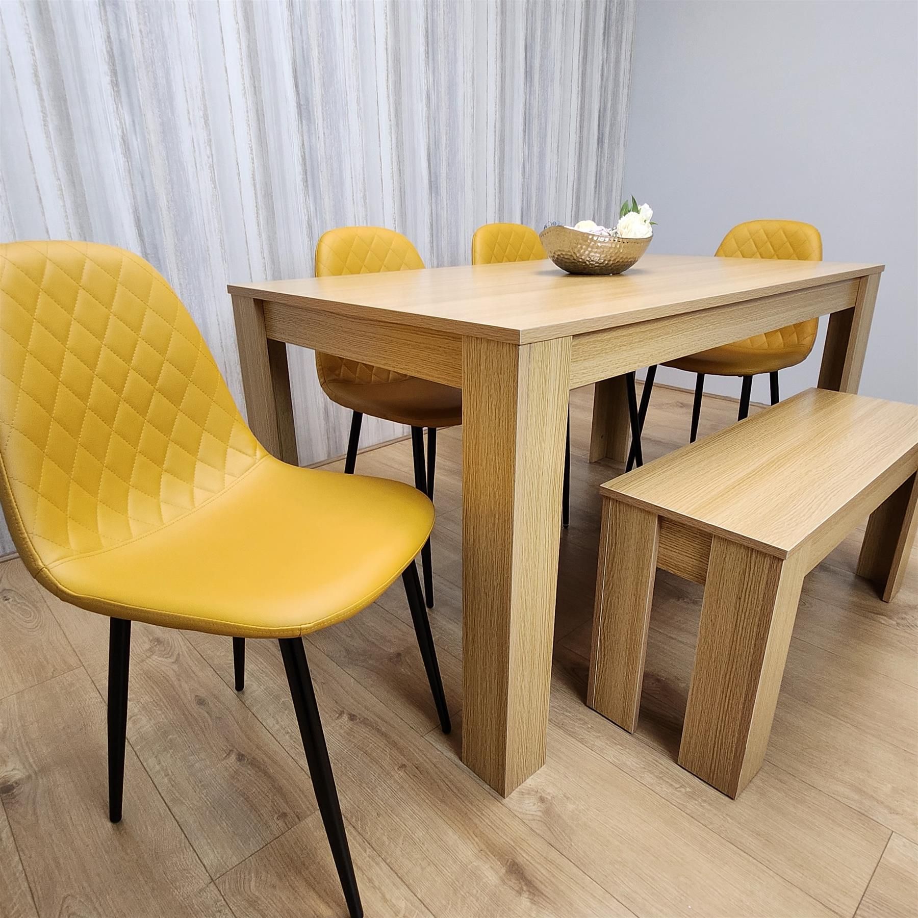 KOSY KOALA 6 Seater Light Wood Dining Table Set 4 Mustard Gem Chairs and Bench