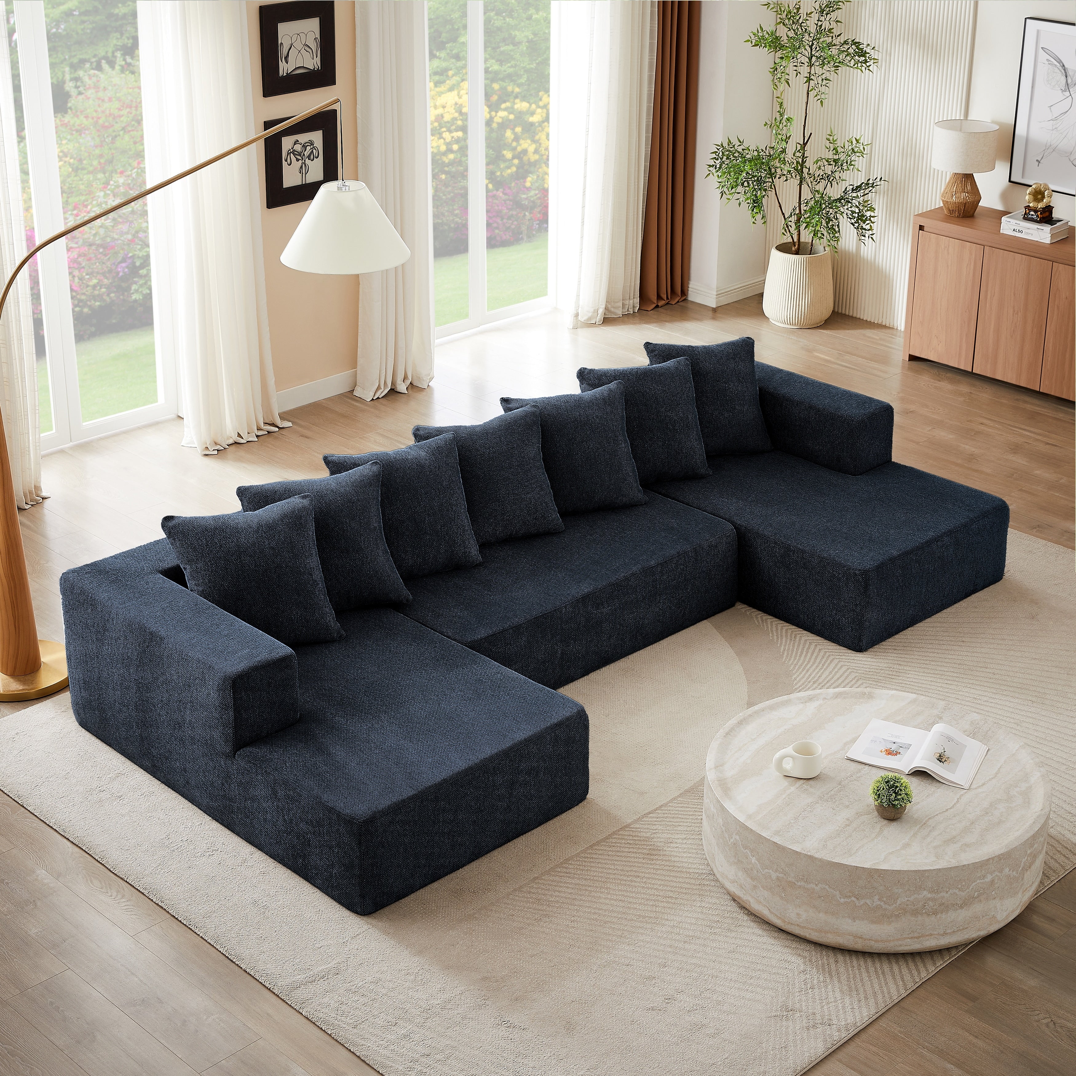 128'' Modular U-Shaped 4 Seater Sectional Sofa Set in Luxurious Chenille Fabric with 2 Chaise, Plush Cloud Couch