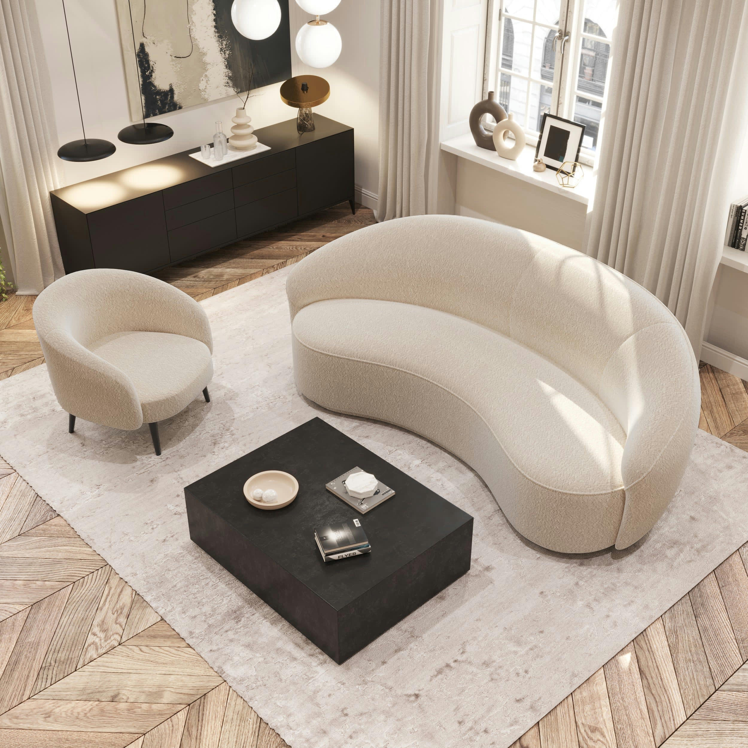 LUNA MARIE - Fauteuil tissu bouclette crème