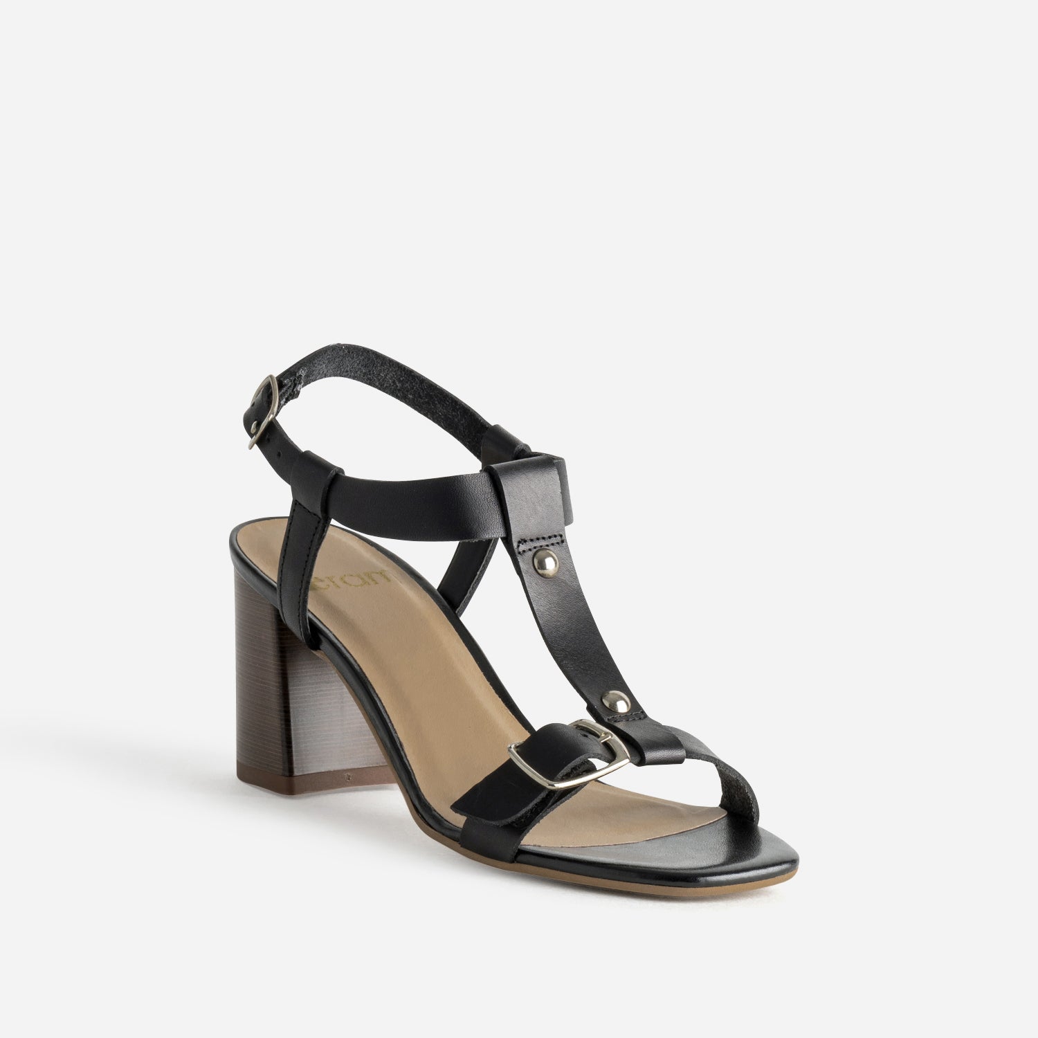 Sandale à talon noir cuir bride en T
