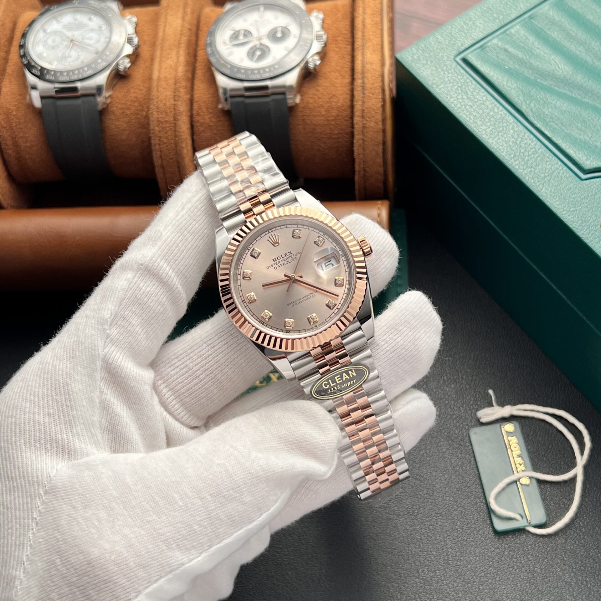 Rolex Datejust 126331 SS/RG Plated Pink Dial CZ Diamonds 41mm Jub Super Clone