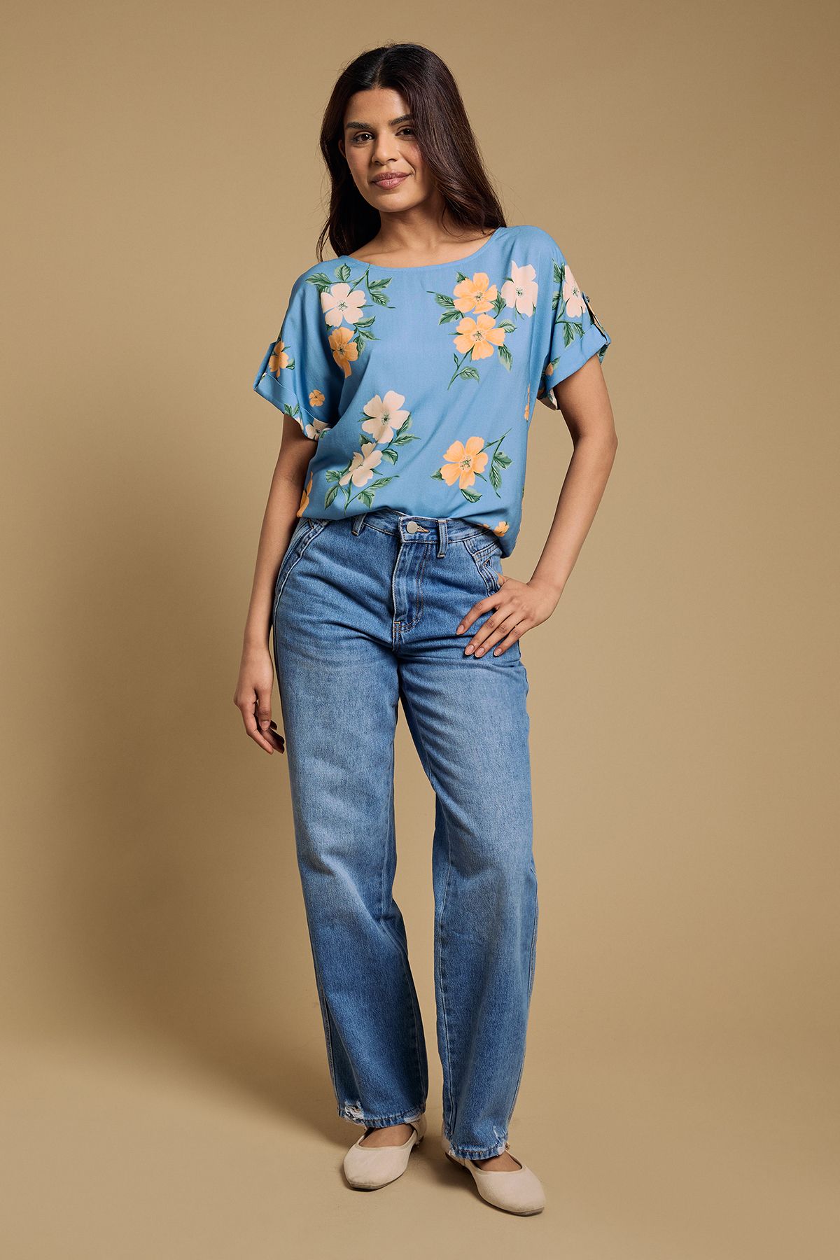 Dorothy Perkins Petite Floral Printed Roll Sleeve Blouse