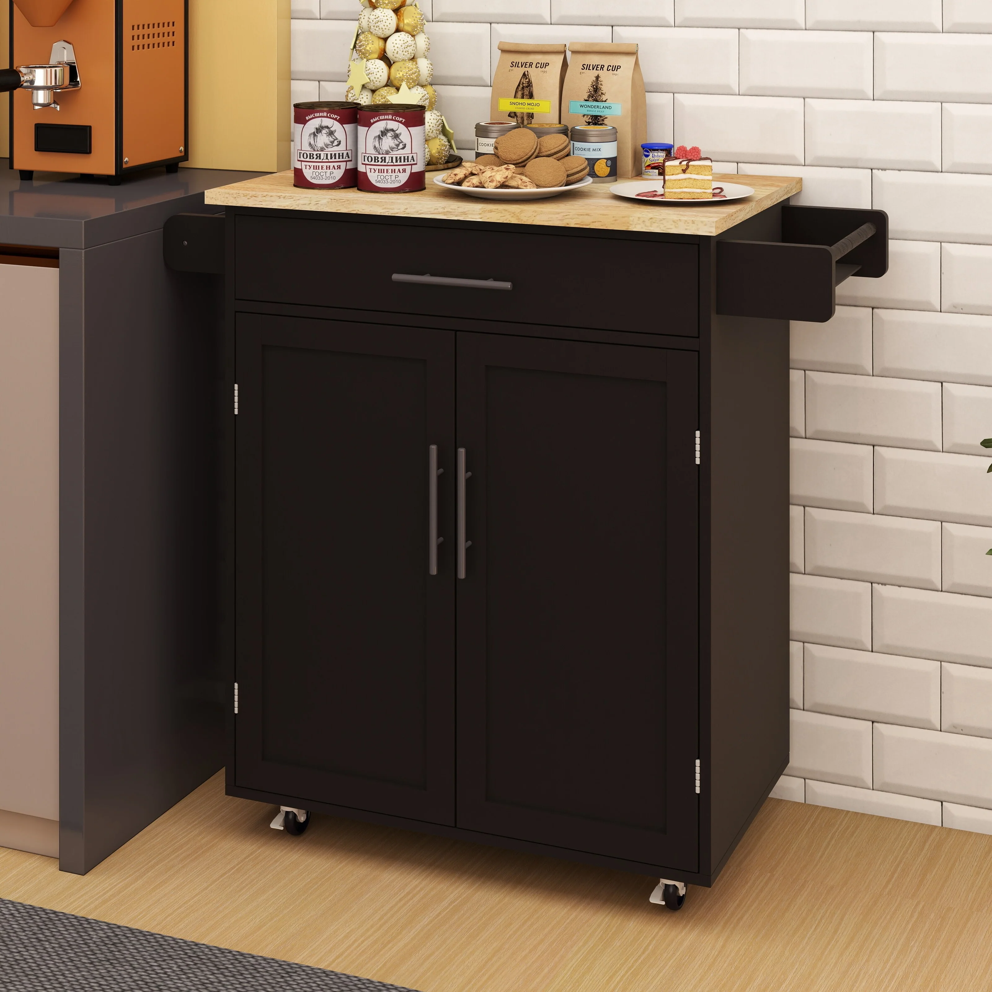 Rolling Kitchen Island with Rubber Wood Table Top, Kitchen Island Cart on Wheels with Adjustable Shelf, 1 Drawer & 2 Doors