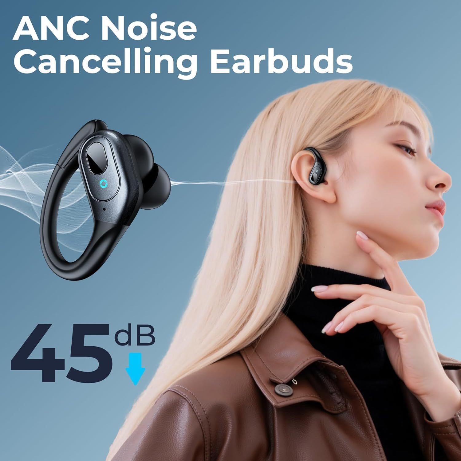 occiam Active Noise Cancelling Earbuds Wireless Bluetooth Headphones Ear Buds 90Hrs Playback Stereo Bass Earphones with Mic Over-Ear Hooks IPX7 Waterproof Headset for Work Sports Running Matte Black