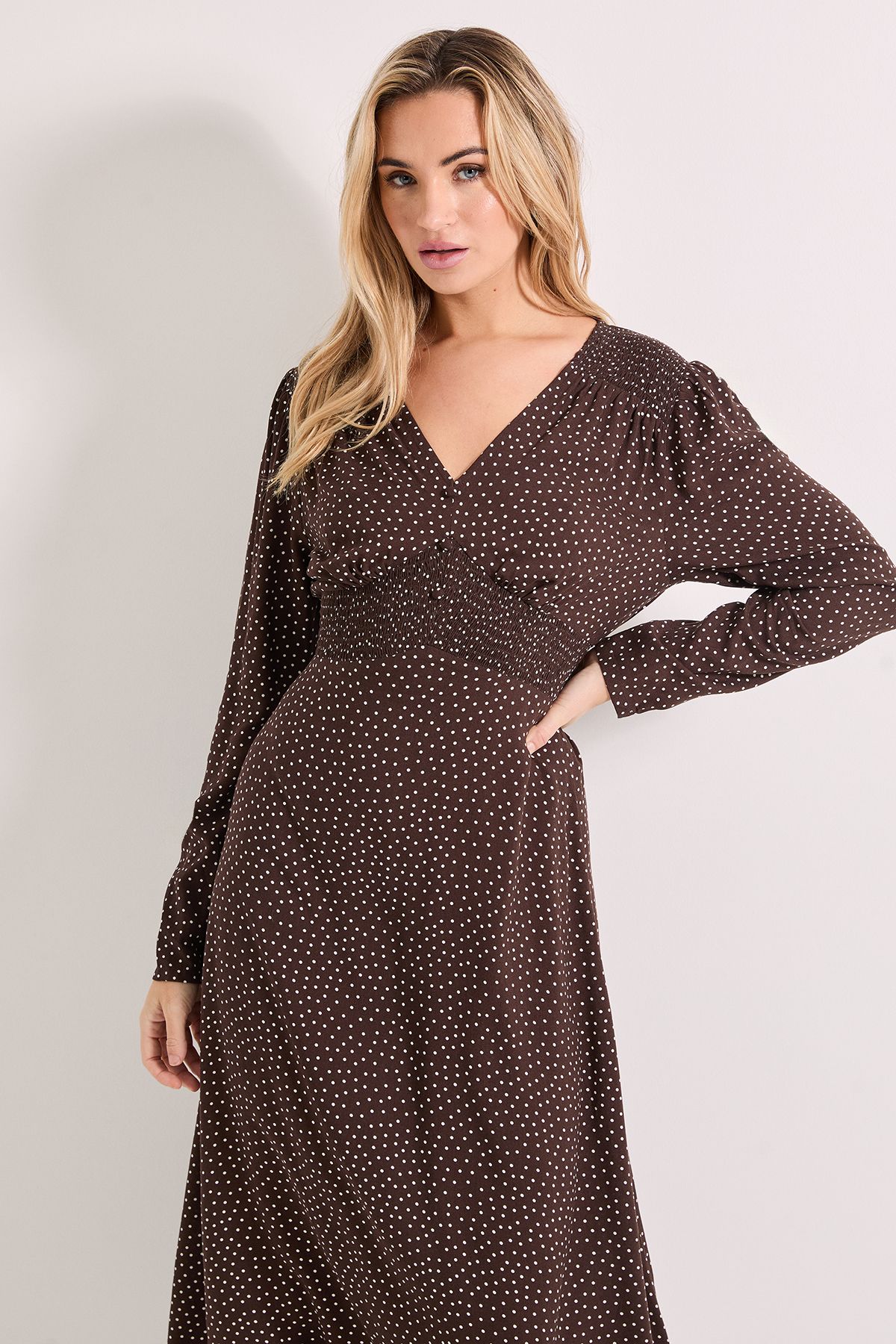 Dorothy Perkins Chocolate Pinspot Shirred Waist Button Detail Printed Midi Dress