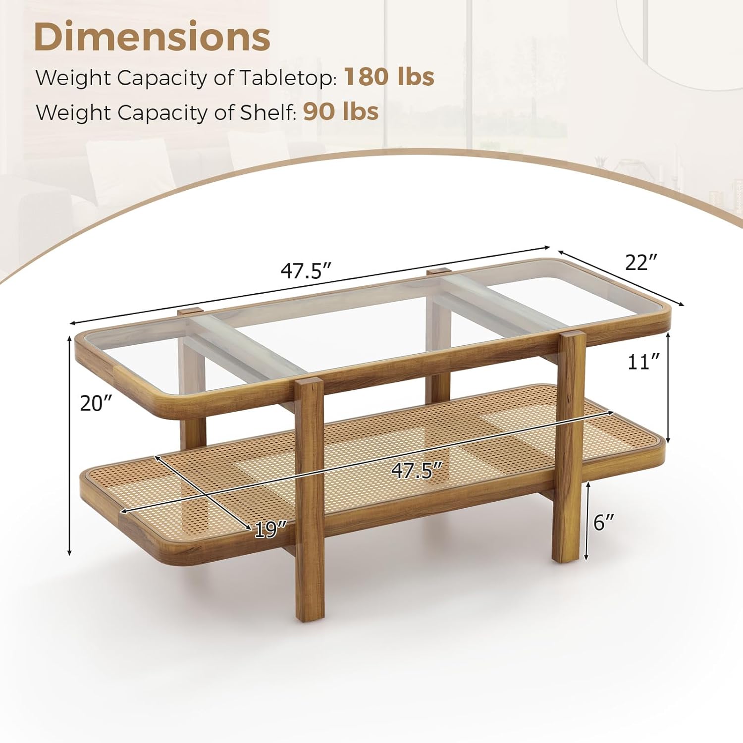 Giantex Rattan Coffee Table, 47.5 Rectangle Solid Wood Tea Table w/Tempered Glass Tabletop, Rattan Storage Shelf, 2-Tier Boho Coffee Tables, Farmhouse Center Table for Living Room (Oak)