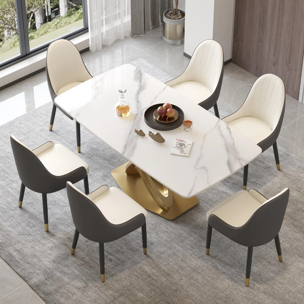 70.8'' Dining Table, Modern Dining Table for 8, Antique White Sintered Stone with Stainless Steel Gold Pedestal