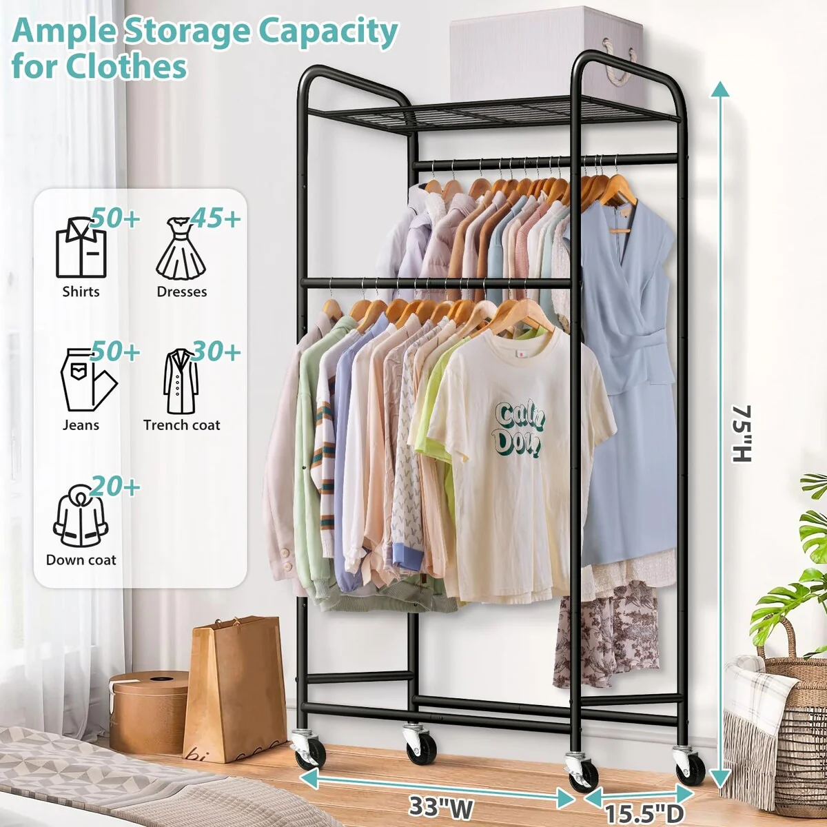 Double Rod Long Clothing Rack,Heavy Duty Rolling Garment Rack with Top Shelves,Portable Closet Wardrobe Clothes Rack with Wheels
