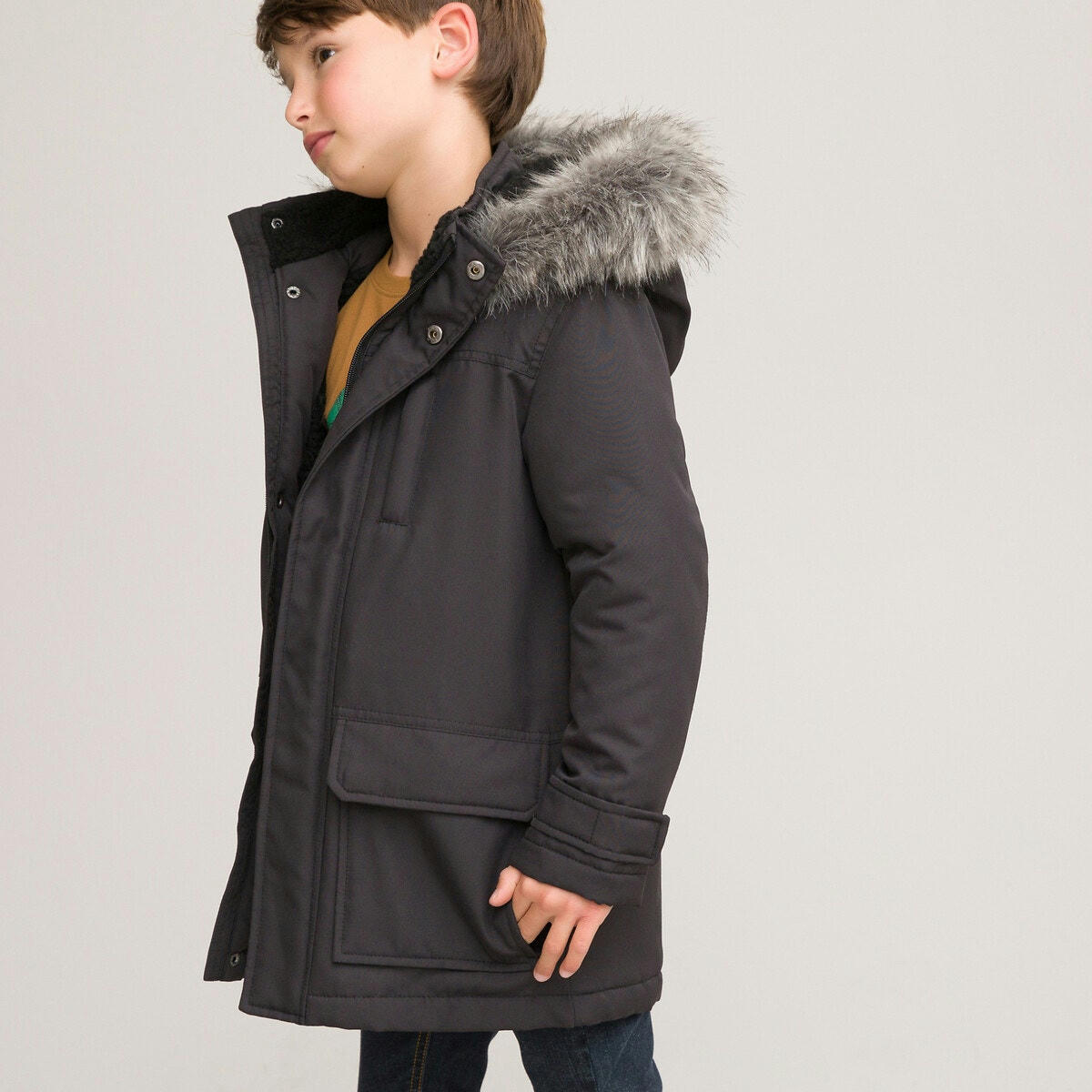 Parka chaude à capuche, bordure duveteuse amovible