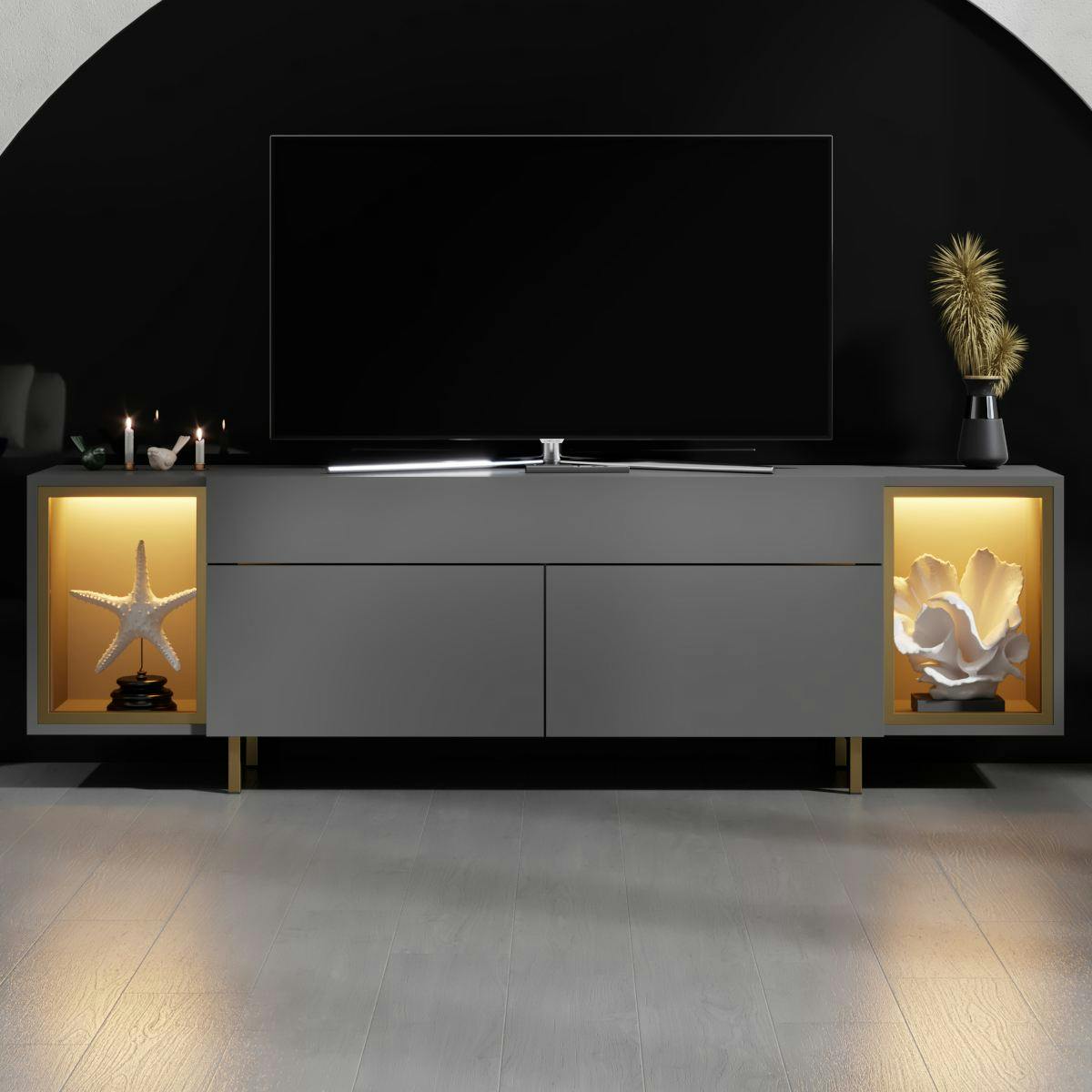 Meuble TV gris et doré 2 portes 2 niches LED AURA