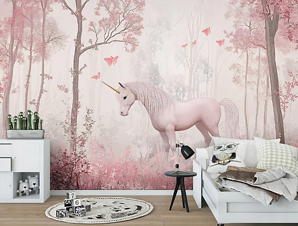 Papier Peint Enfant Forêt Licorne Intissé Panoramique 350x250 cm - Colle Inclus - Moderne Papier Peint pour Chambre Enfant
