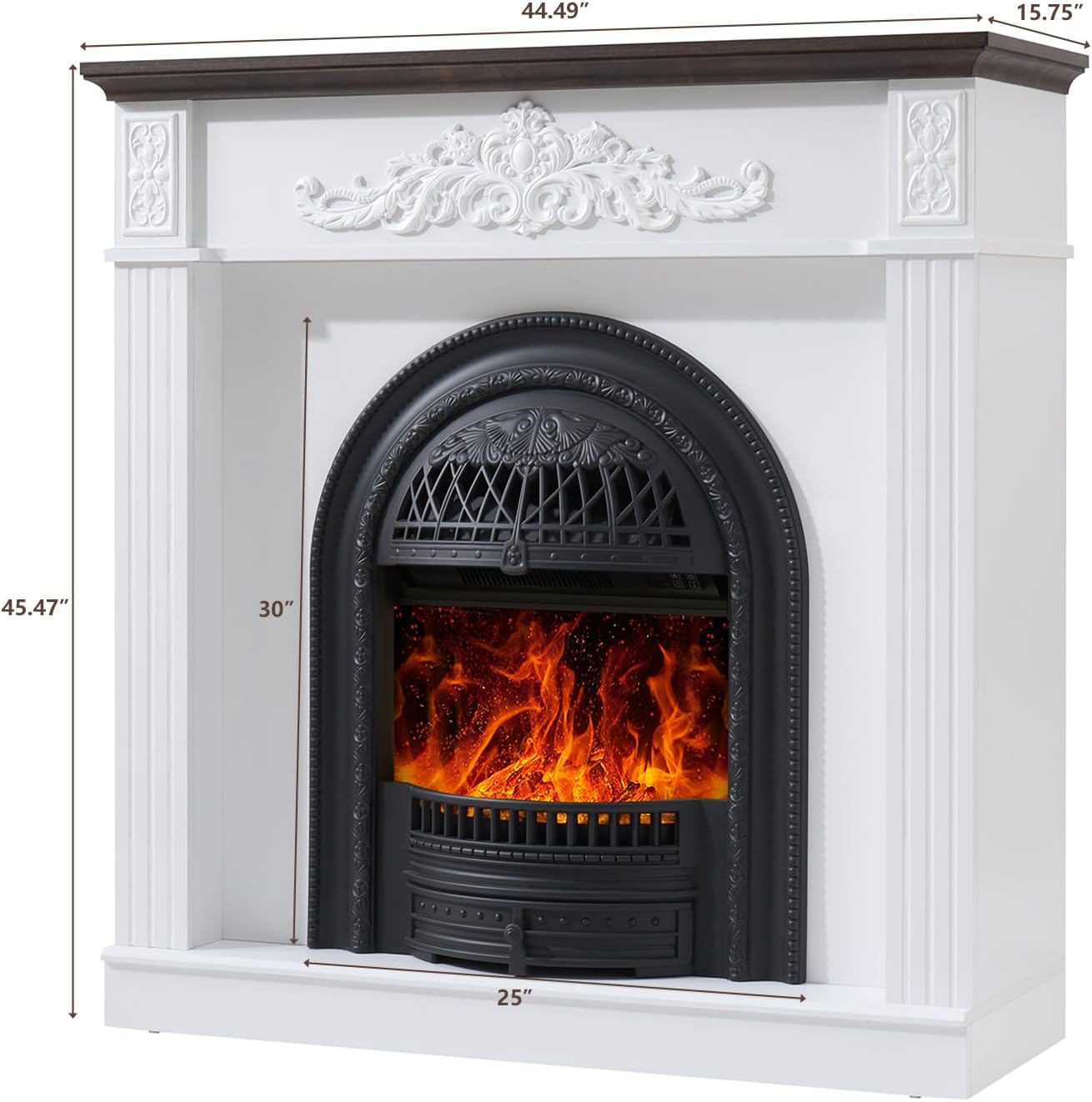 45 Birdcage-Style Electric Fireplace with Mantel, 46 Tall Fireplace TV Stand, Farmhouse Entertainment Center with Storage & Replaceable Insert Heater for Living Room, White+Walnut