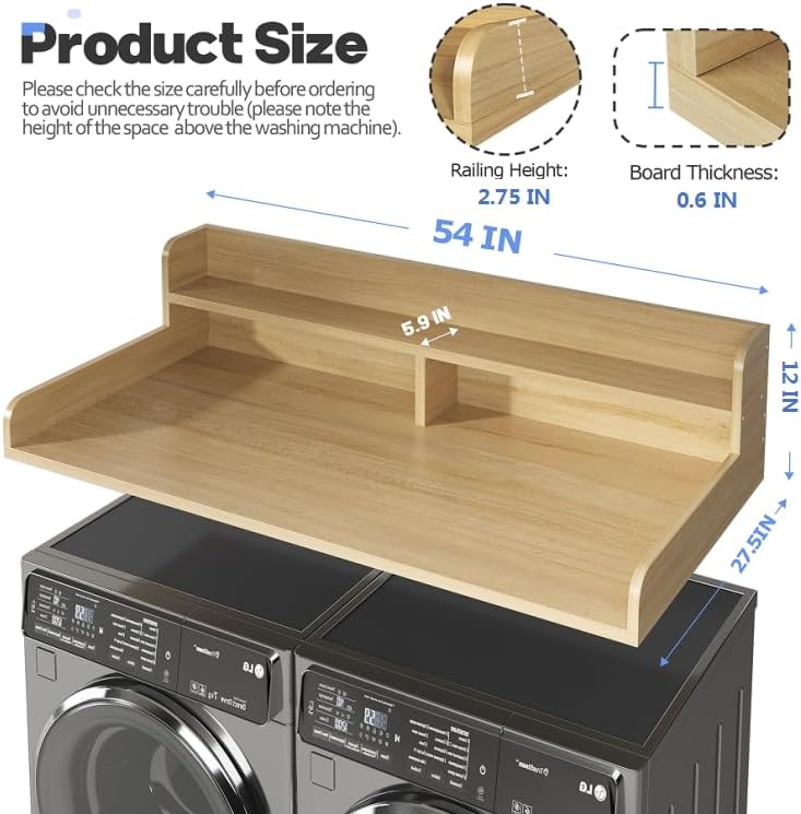2-Tier Washer and Dryer Countertop with 2.75 H Guard,54 W x 27.5 D Laundry Countertop Cover with Non-Slip Pad,Large Space Laundry Topper for Folding Clothes Over Washer-Pure Wood Color