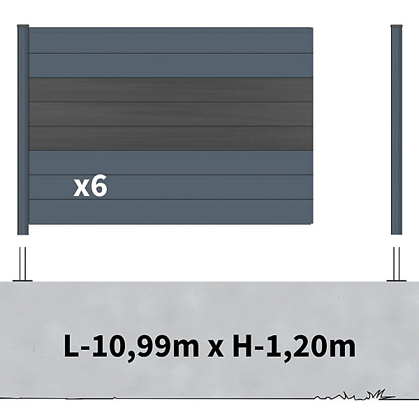 Kit Clôture Aluminium BAHIA &CRUZ Ardoise 11,03x1,2m - Bois Composite &Aluminium - Poteaux Gris - Brise Vue - Palissade