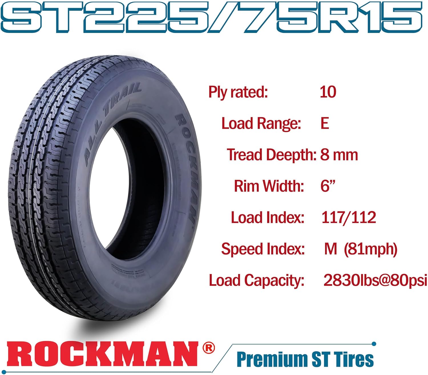 ROCKMAN Trailer Tire ST225/75R15 10-Ply Load Range E 117M Steel Belted Radial 11168, Set2