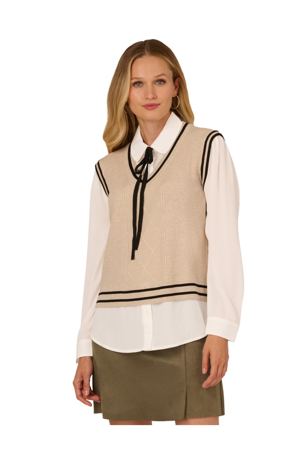 Adrianna Papell Tipped V-Neck Twofer Sweater With Woven Combo And Black Bow