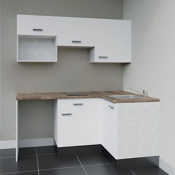 Kitchenette KA03 - 128 cm - Façades : Blanc - Plan de travail : Bois - Crédences : Non - Evier
