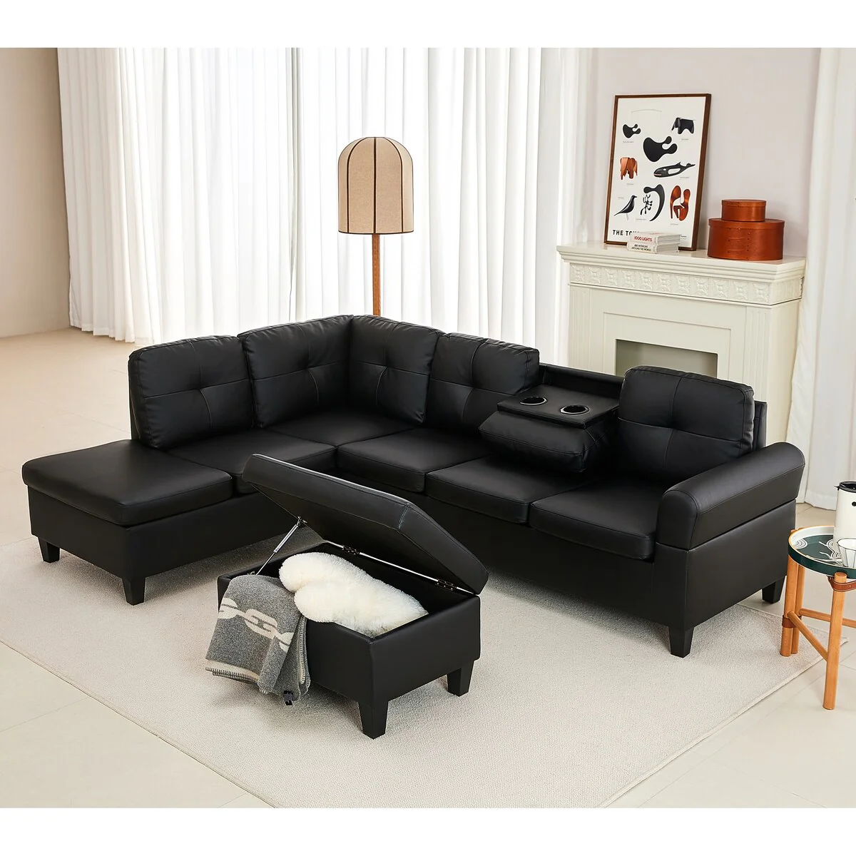 Modern 3-Piece Faux Leather Reversable Sectional with Storage Ottoman,Dropdown Table,Cup Holders