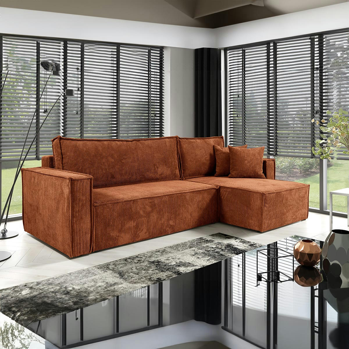 - Canapé d'angle réversible convertible 3 places velours côtelé orange