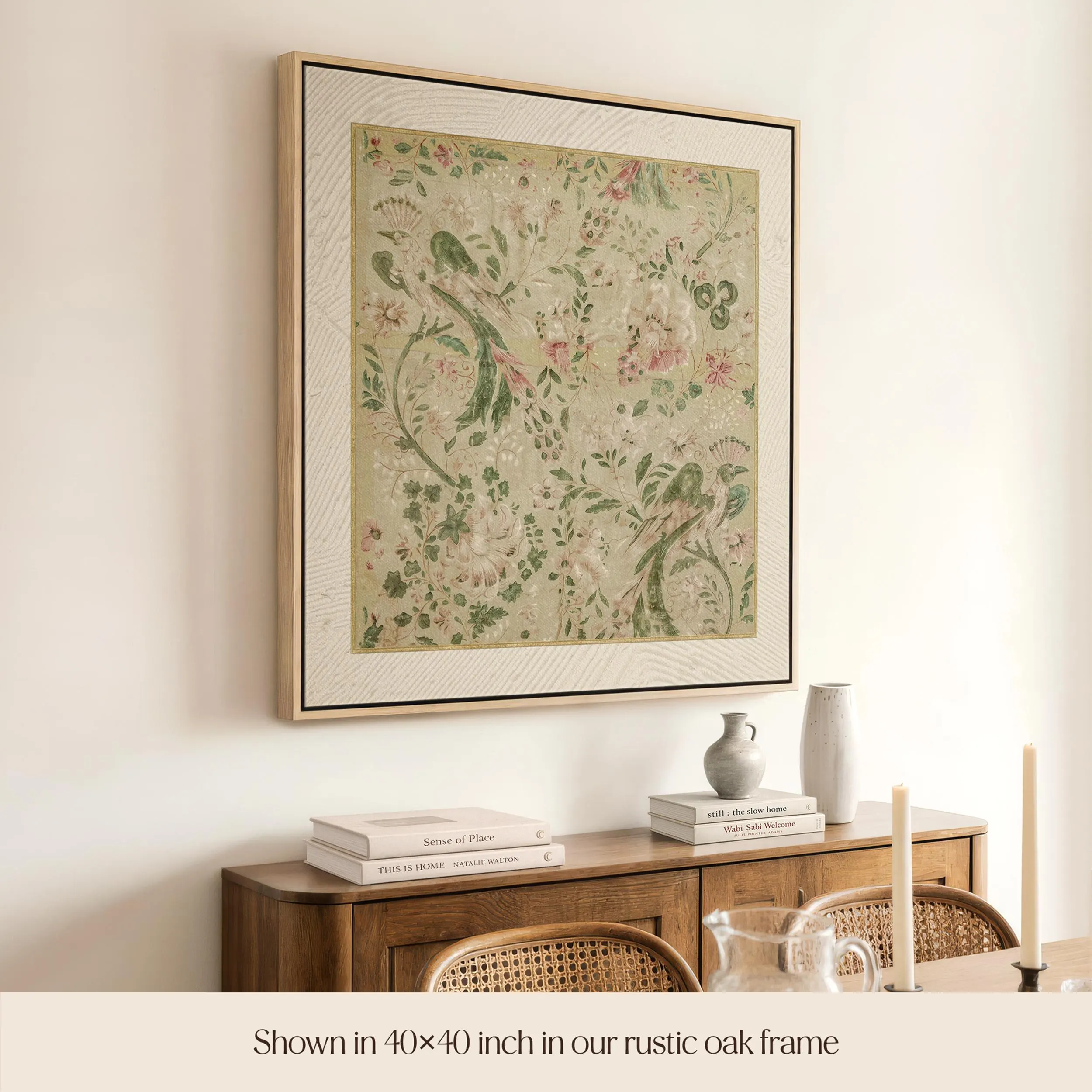 Vintage Textile Print Framed Canvas, Antique French Fabric Wall Art, Chinoiserie Bird and Floral Decor