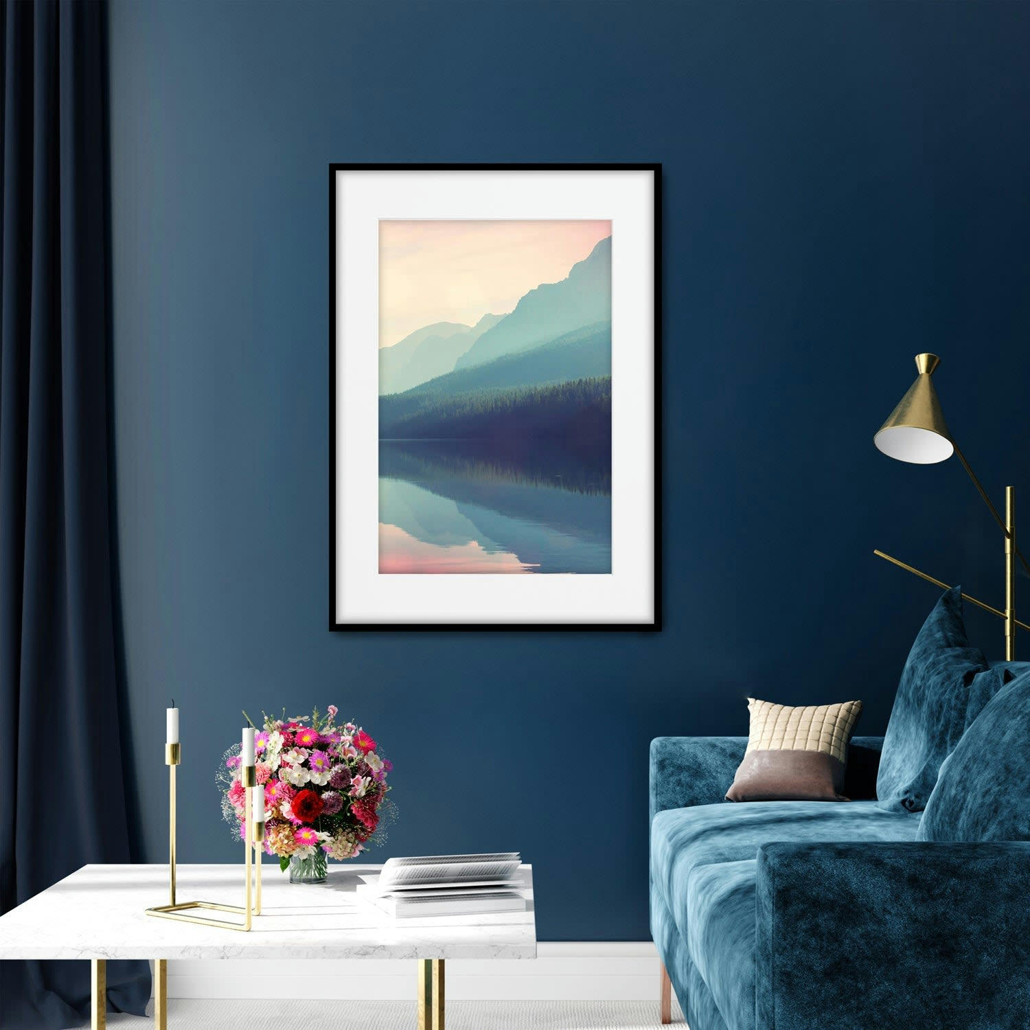 MONTAÑA - Affiche avec cadre noir - Coucher de soleil avec reflets - 50x70