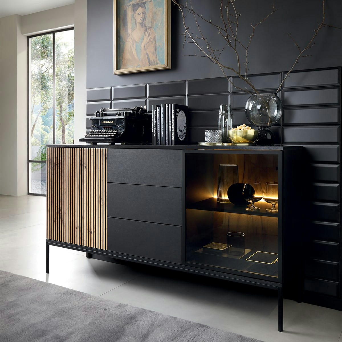 - Buffet 2 portes 3 tiroirs led noir et naturel