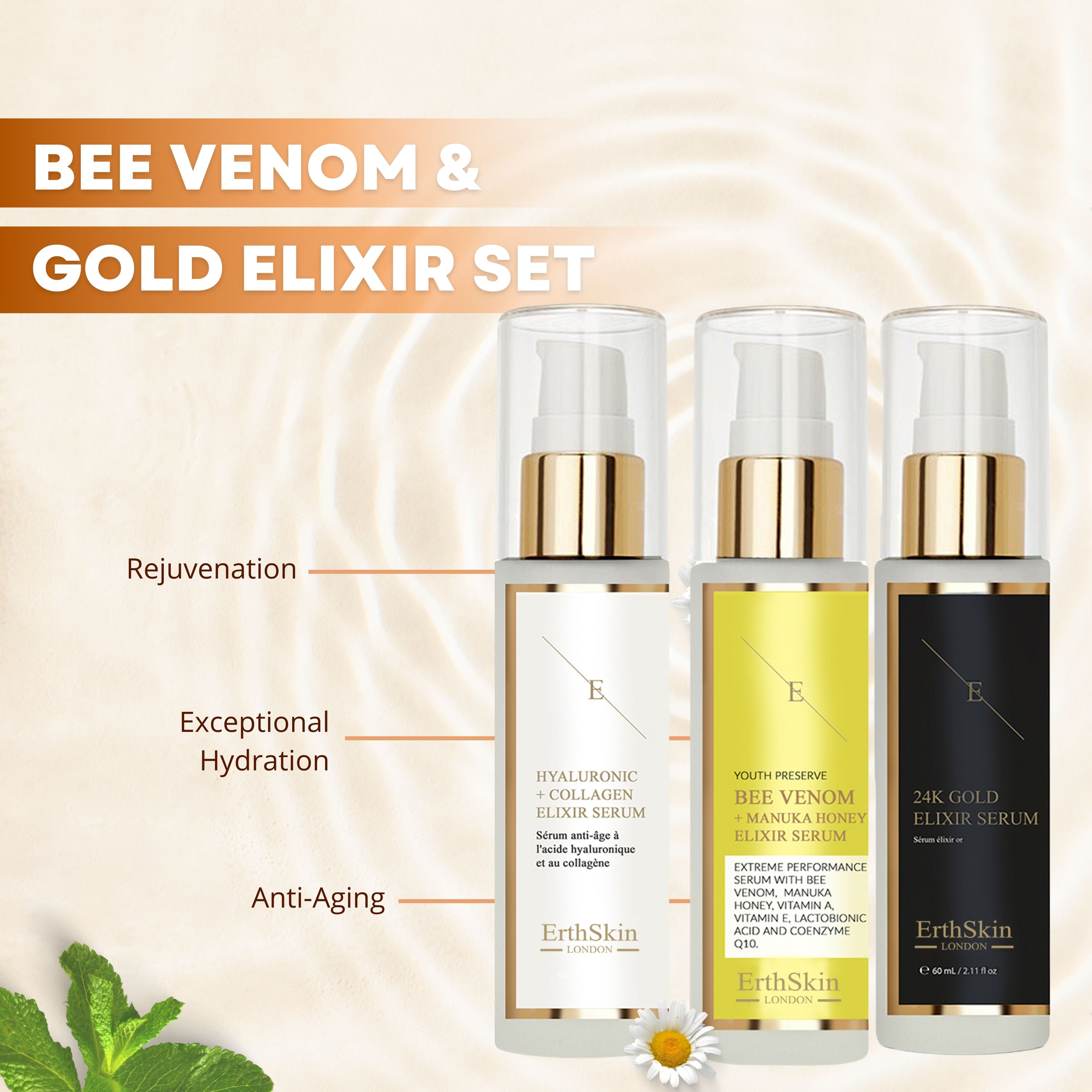 Erth Skin London Pro Age Serum Bundle: Bee Venom   Collagen   Gold Elixirs