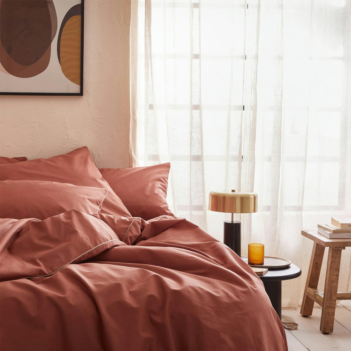 AURORE - Parure de lit unie en coton terracotta 200x200