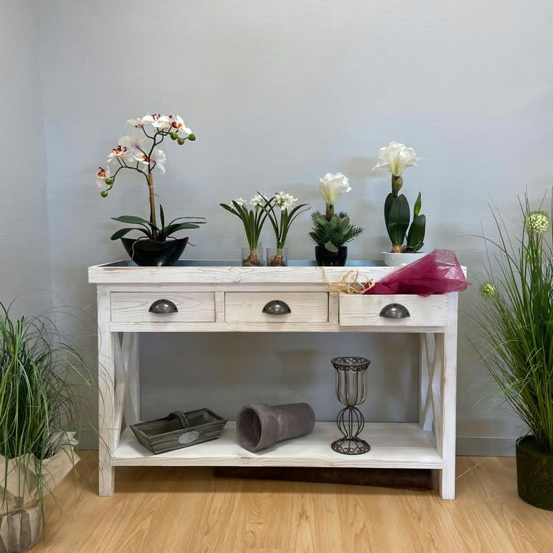 - Table console fleuriste avec plateau zinc bois massif