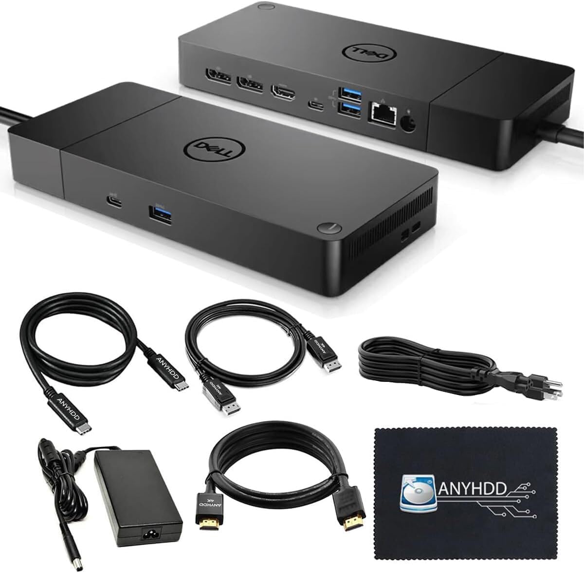 Dell WD19S Docking Station Dual Monitor Bundle - 180W  Supports 4K Display  Dell Dock with 180W Power Supply + Anyhdd 4K HDMI Cable + 4K DisplayPort Cable + USB-C Cable + Microfiber Cloth Included