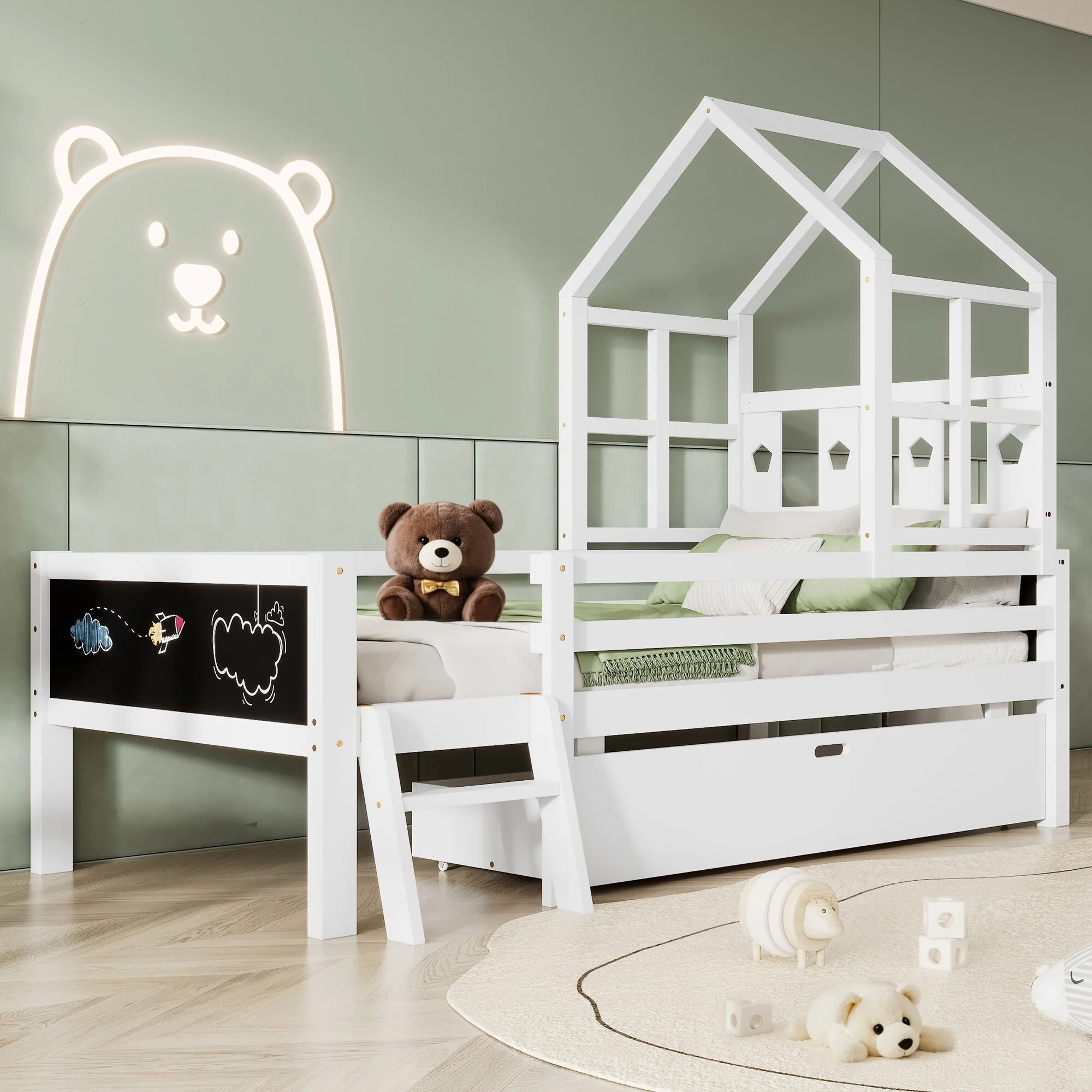 Full Size Kids' Loft-Style Bed with Ladder, Dual Blackboard Panels, and Underbed Storage Drawer, Solid Wood Frame