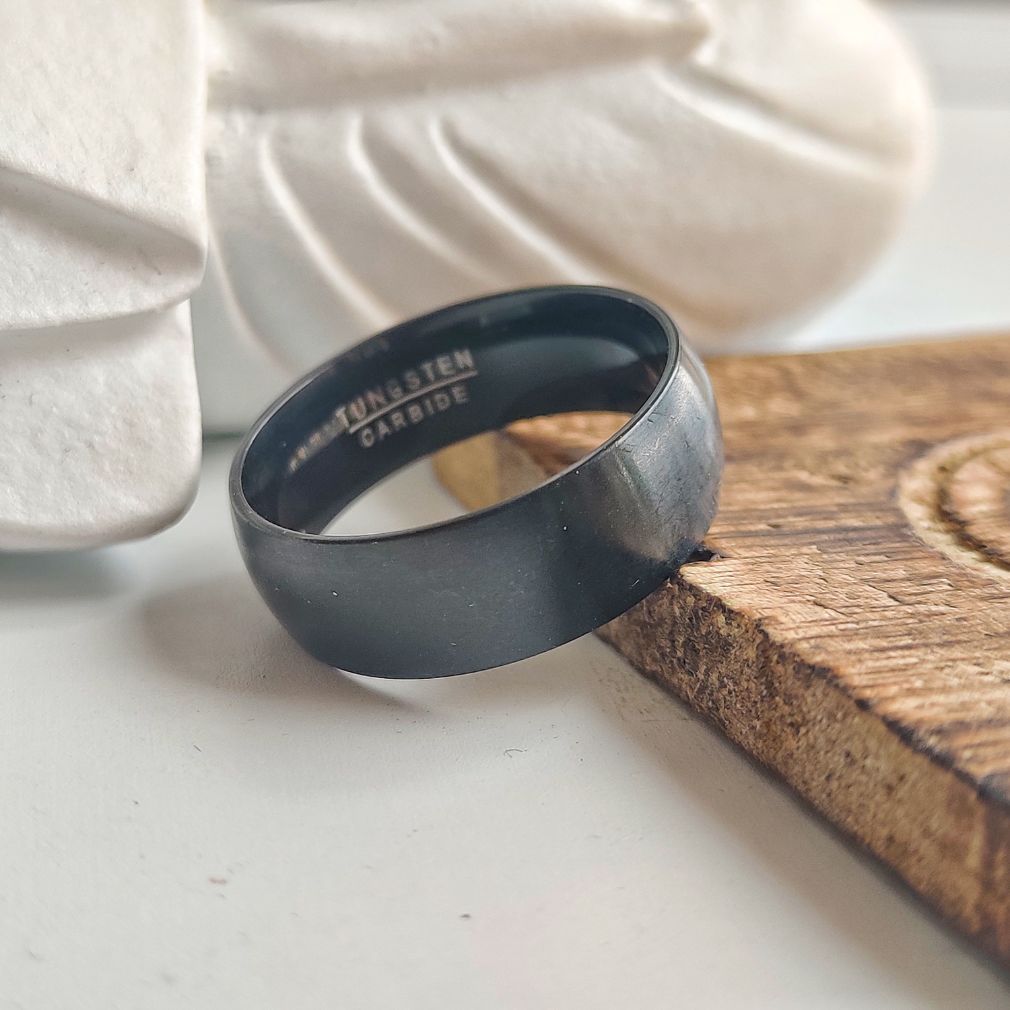 The Colourful Aura 8mm Mens Matt Black Blue Silver Plain Tungsten Engagement Band Ring