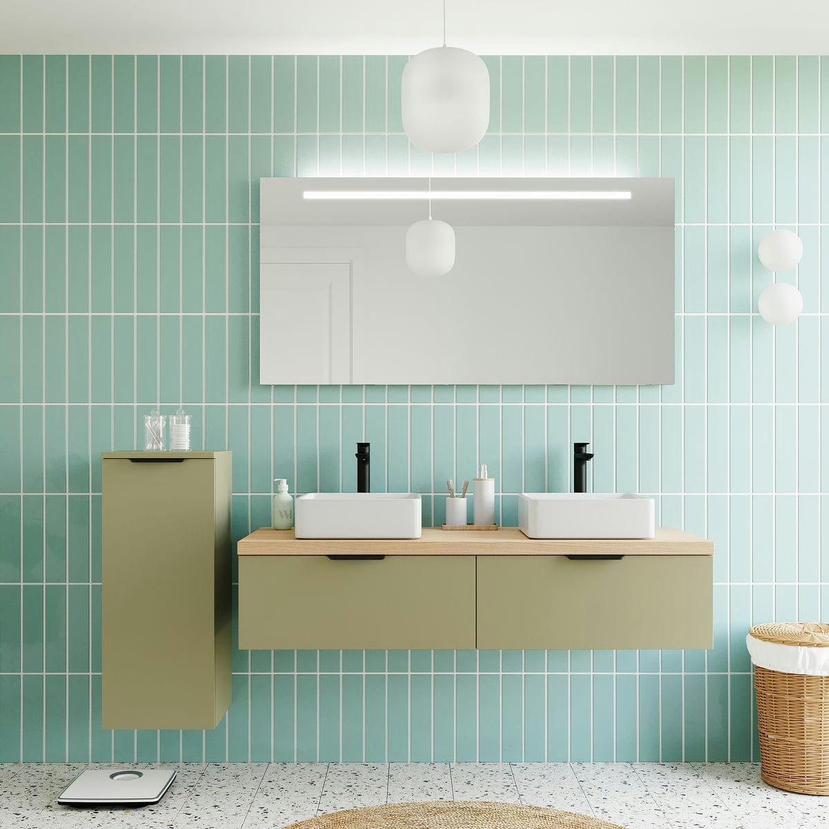 SOHO - Meuble salle de bain 2 vasques posées 140cm 2 tiroirs Vert
