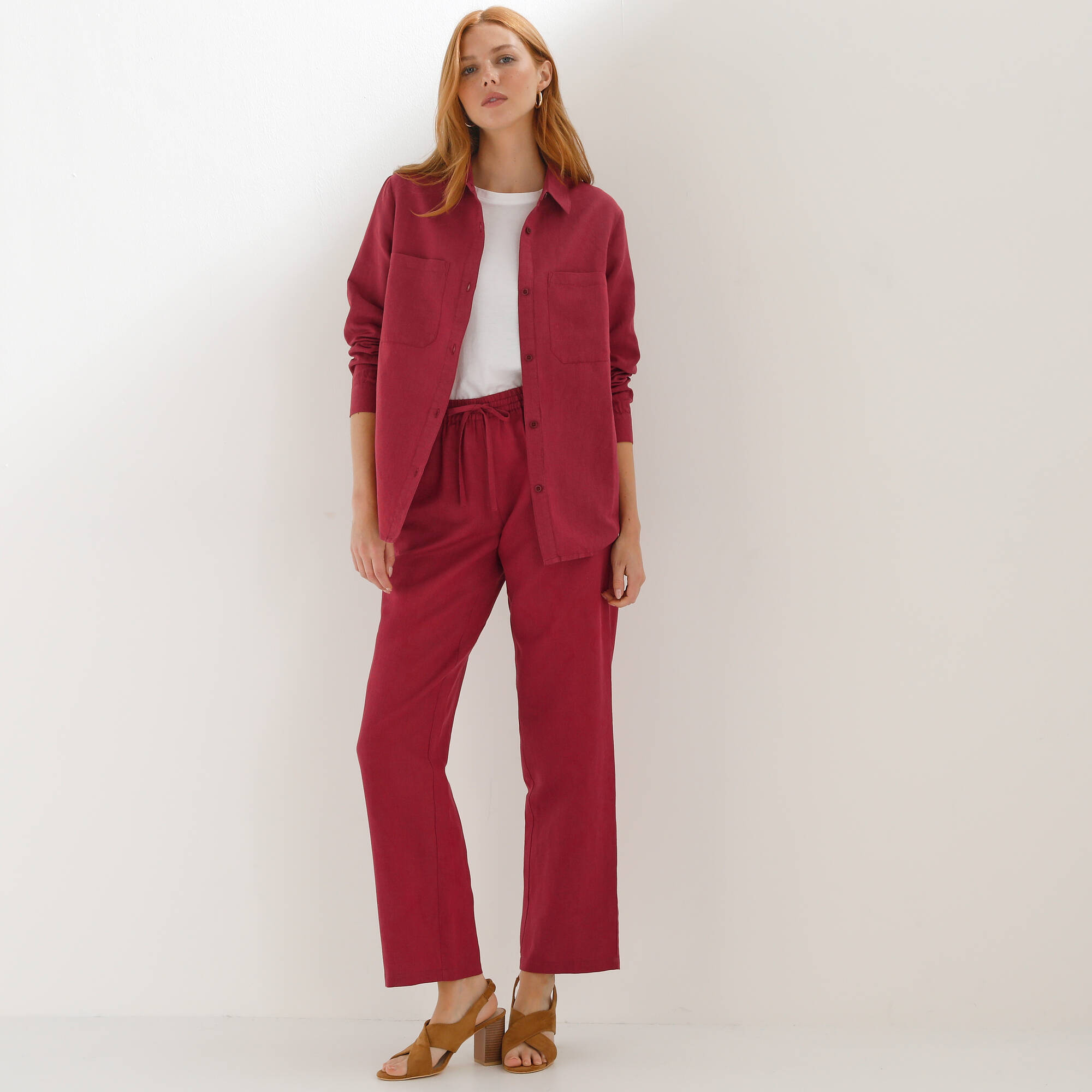 Pantalon coupe mom en coton/lin, taille élastiquée